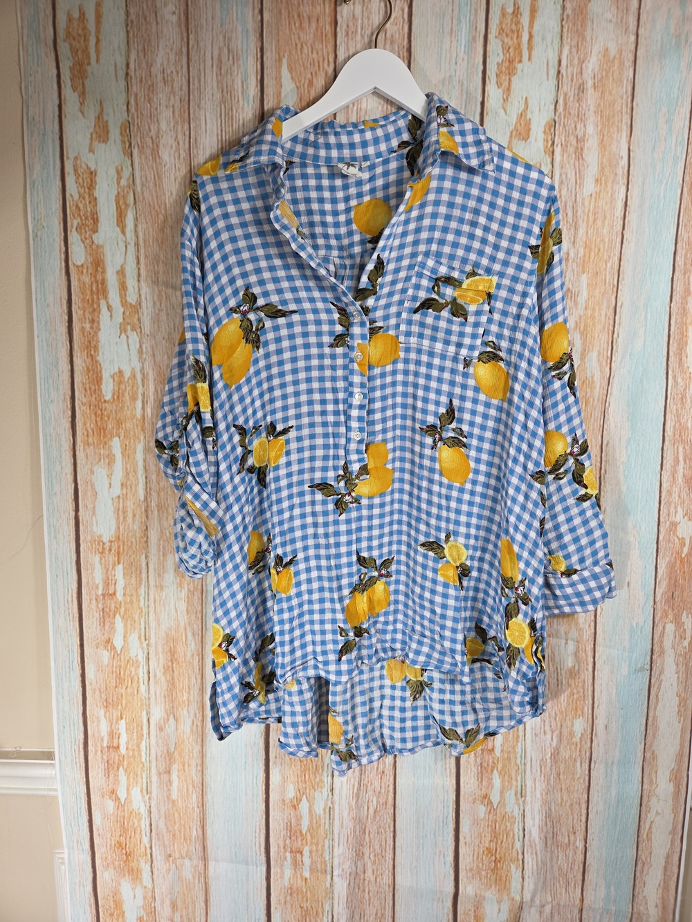 Violet Sky Teal Gingham Top with Yellow Citrus Accent. Size Large